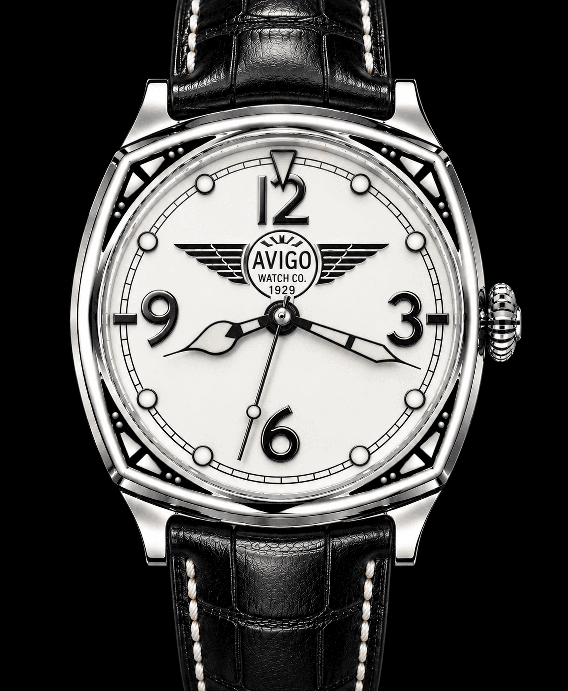 Luxury AVIGO aviation inspired watch with black leather strap and white dial 