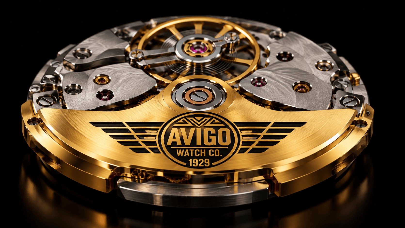 Close up of AVIGO luxury watch movement with gold accents and intricate details 