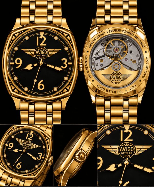 Luxury AVIGO watch with gold case and black dial, aviation inspired design 