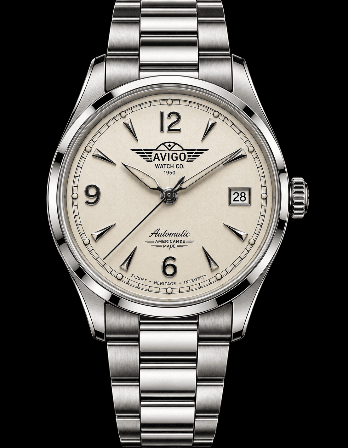 Luxury AVIGO automatic watch with aviation inspired design and stainless steel bracelet 