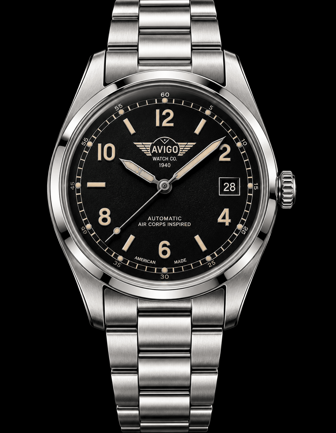 Luxury AVIGO automatic watch with aviation inspired design and stainless steel bracelet 