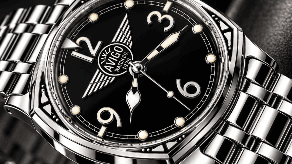 Luxury AVIGO watch with aviation inspired design and stainless steel bracelet 