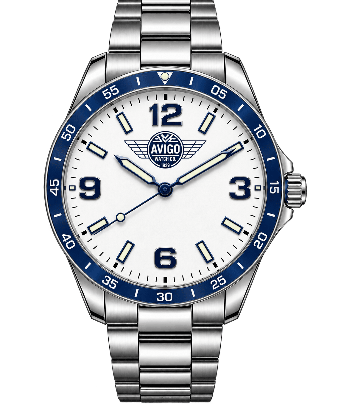 Luxury AVIGO watch with aviation inspired design and stainless steel band 