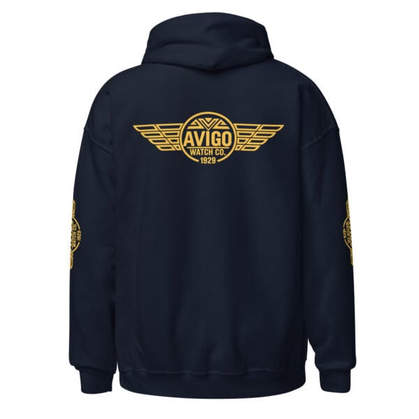 Navy hoodie with AVIGO Watch Company logo and wings design 