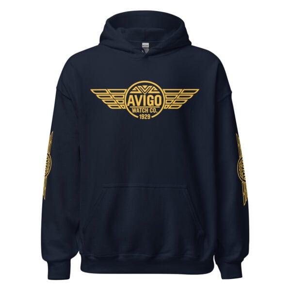 Navy blue AVIGO Watch Co  hoodie with aviation inspired logo in gold 